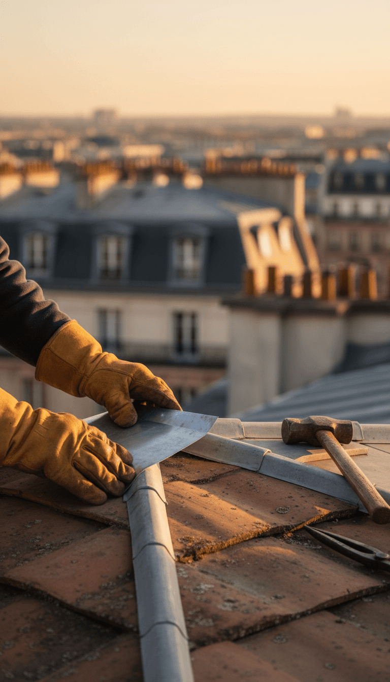 Artisan couvreur posant une pièce de zinguerie sur un toit parisien