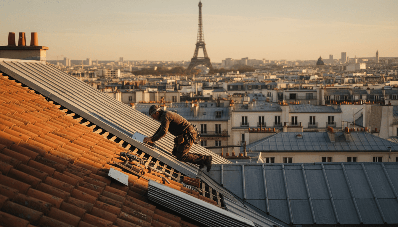 Couvreur installant des panneaux de zinc sur une toiture parisienne en rénovation